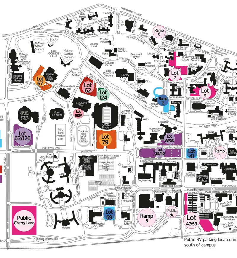 Map showing parking locations for football games at Spartan Stadium