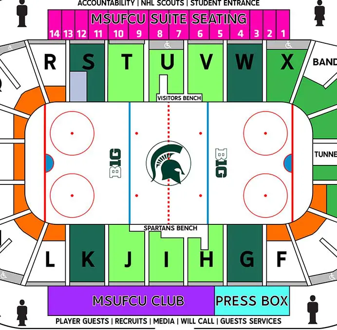 Map showing seating locations for hockey games at Munn Ice Arena