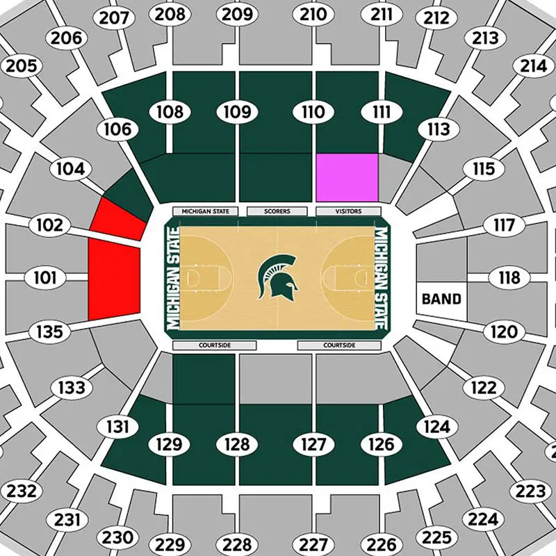 Map showing seating locations for basketball games at the Breslin Center